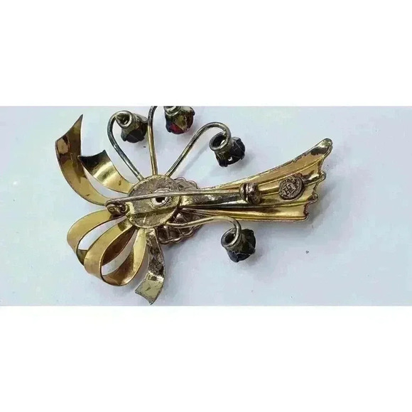 RARE Vintage Harry Iskin 12K Gold Filled Cherry Red Rhinestone Flower Brooch 40s - Picture 6 of 12